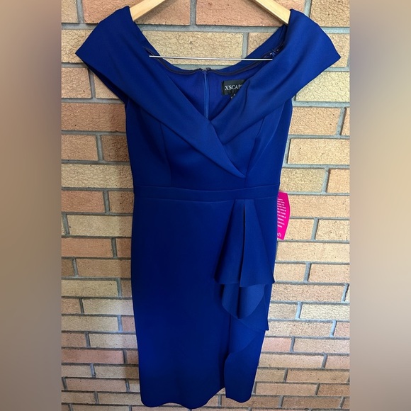 NWT Xscape Womens Marine Blue Scuba Ruffle Slit Off Shoulder Sheath Dress Size 4 - Picture 2 of 8